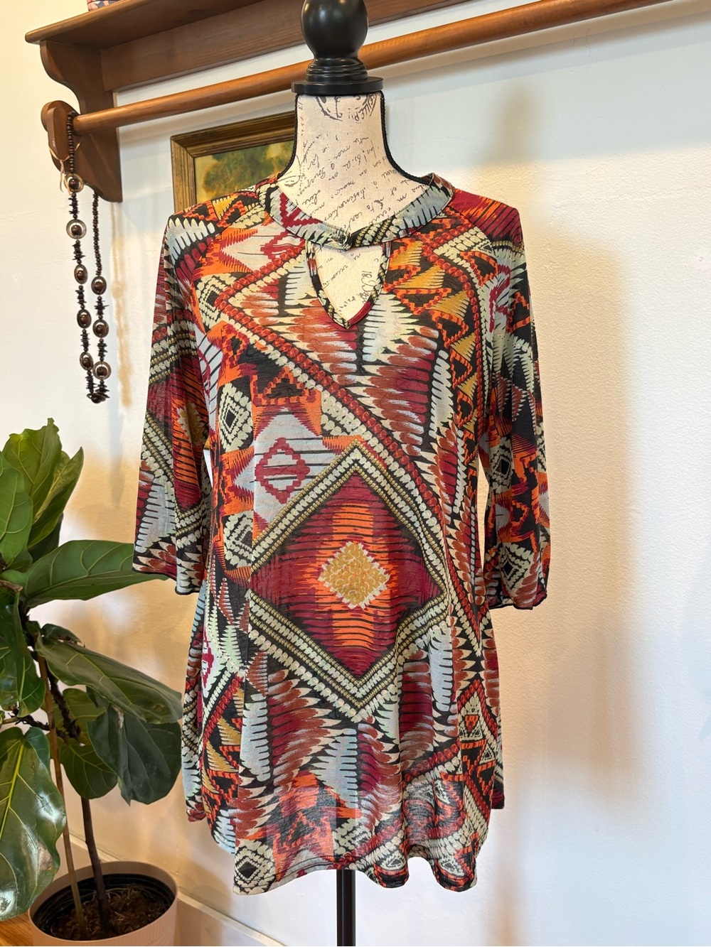 Urban Mango Sheer Aztec Print Tunic Sheer Blouse Boho Top